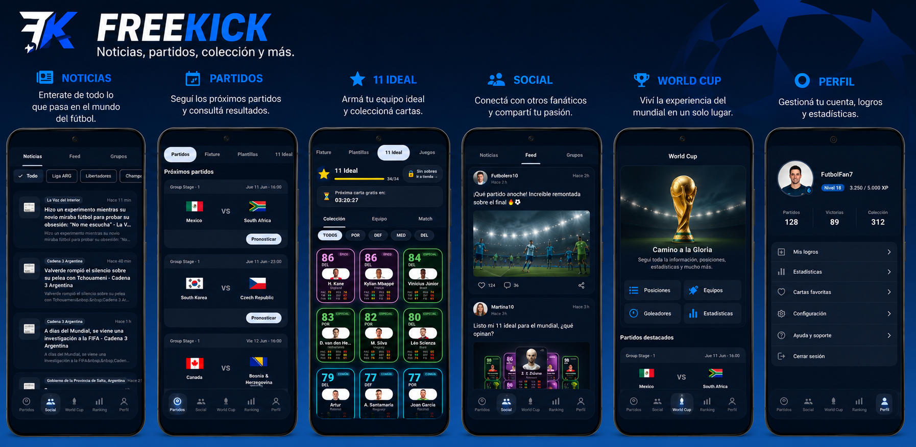 FreeKick — pantallas de noticias, partidos, 11 ideal, social, world cup y perfil